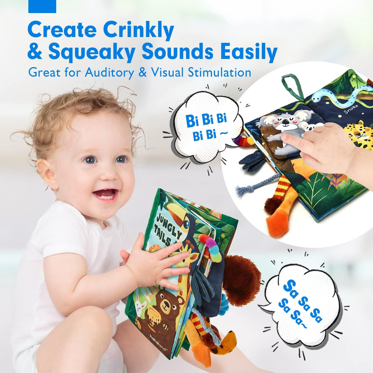 hahaland Touch and Feel Crinkle Cloth Baby Book, Jungly Tails