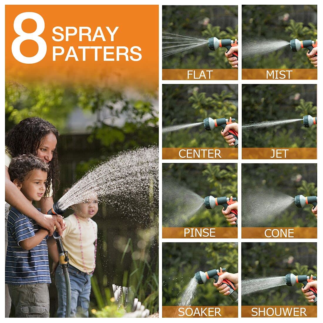 Forthcan 8 Pattern Garden Hose Nozzle, Orange (2 Pack)