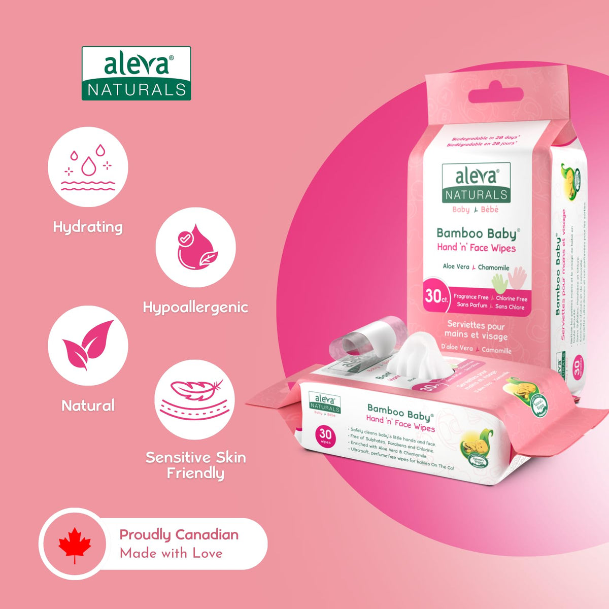 Aleva Naturals Bamboo Baby Hand and Face Wipes, 30 Count, 6 Pack