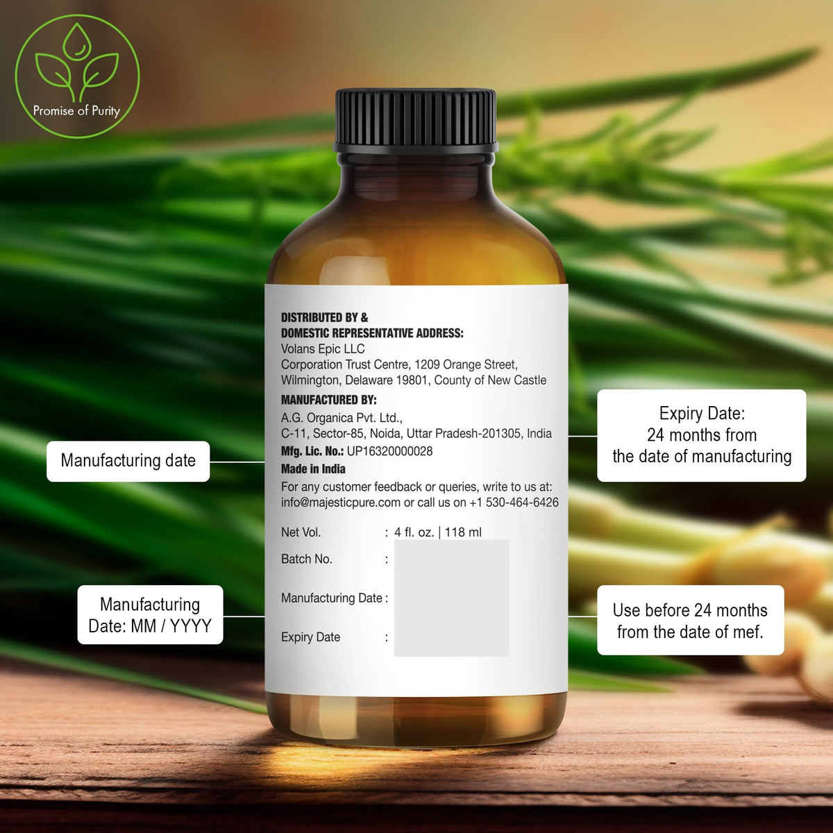 Majestic Pure Lemongrass Essential Oil, 118 ml