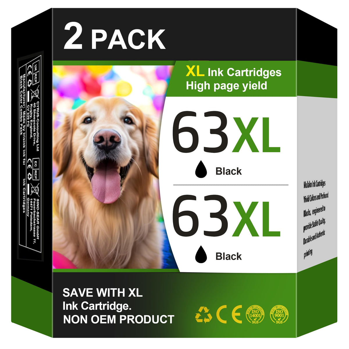 63XL Black High-Yield Compatible Ink Cartridges for HP 63 (2 Pack)