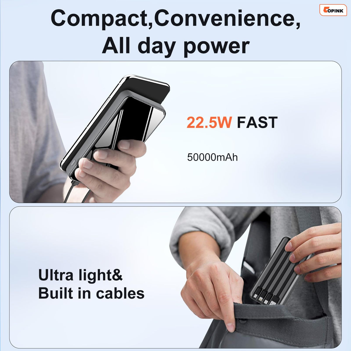 Portable Charger with Built-in Cables, 50000mAh