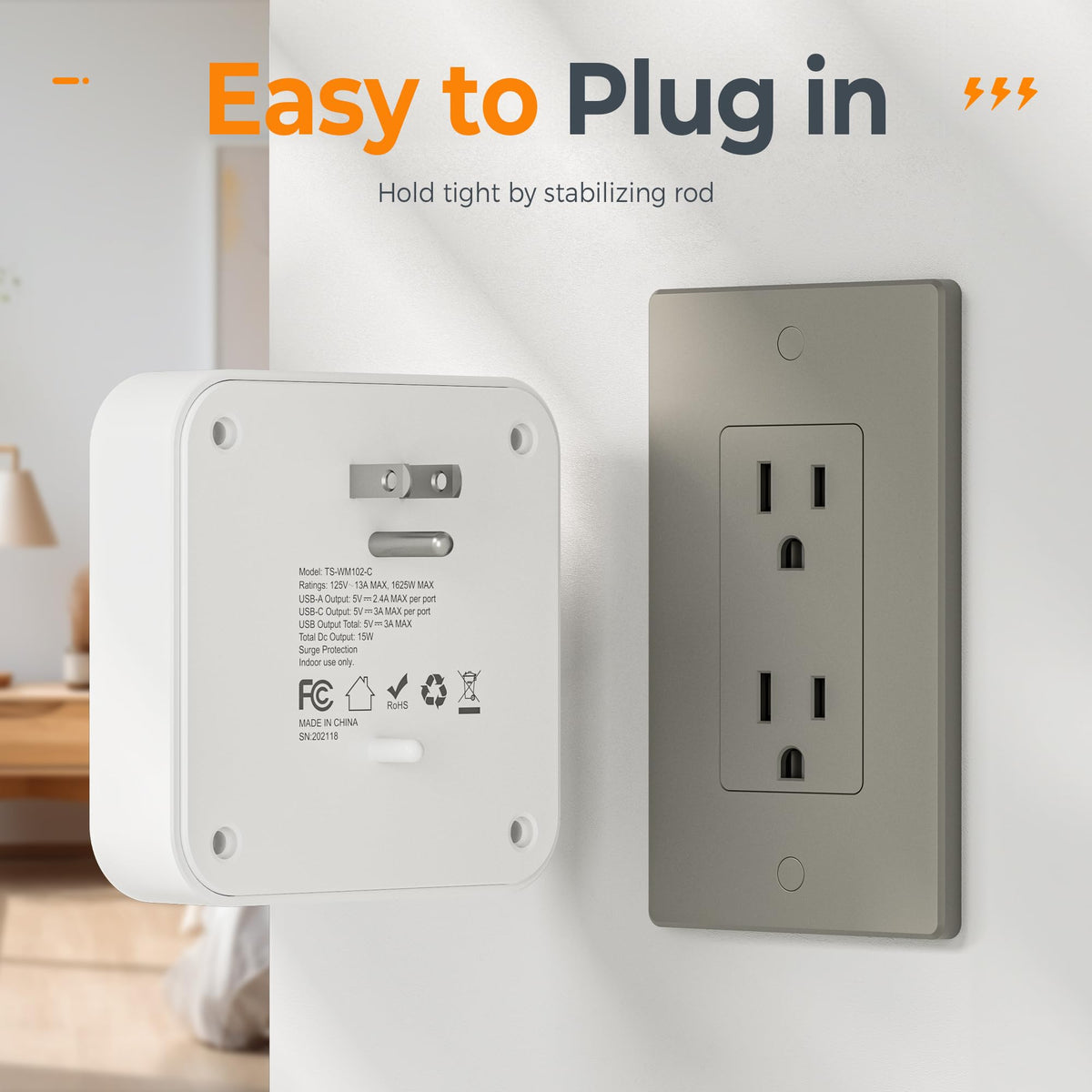 TESSAN 4 Outlet Wall Extender with USB-C & 2 USB-A Ports, Grey