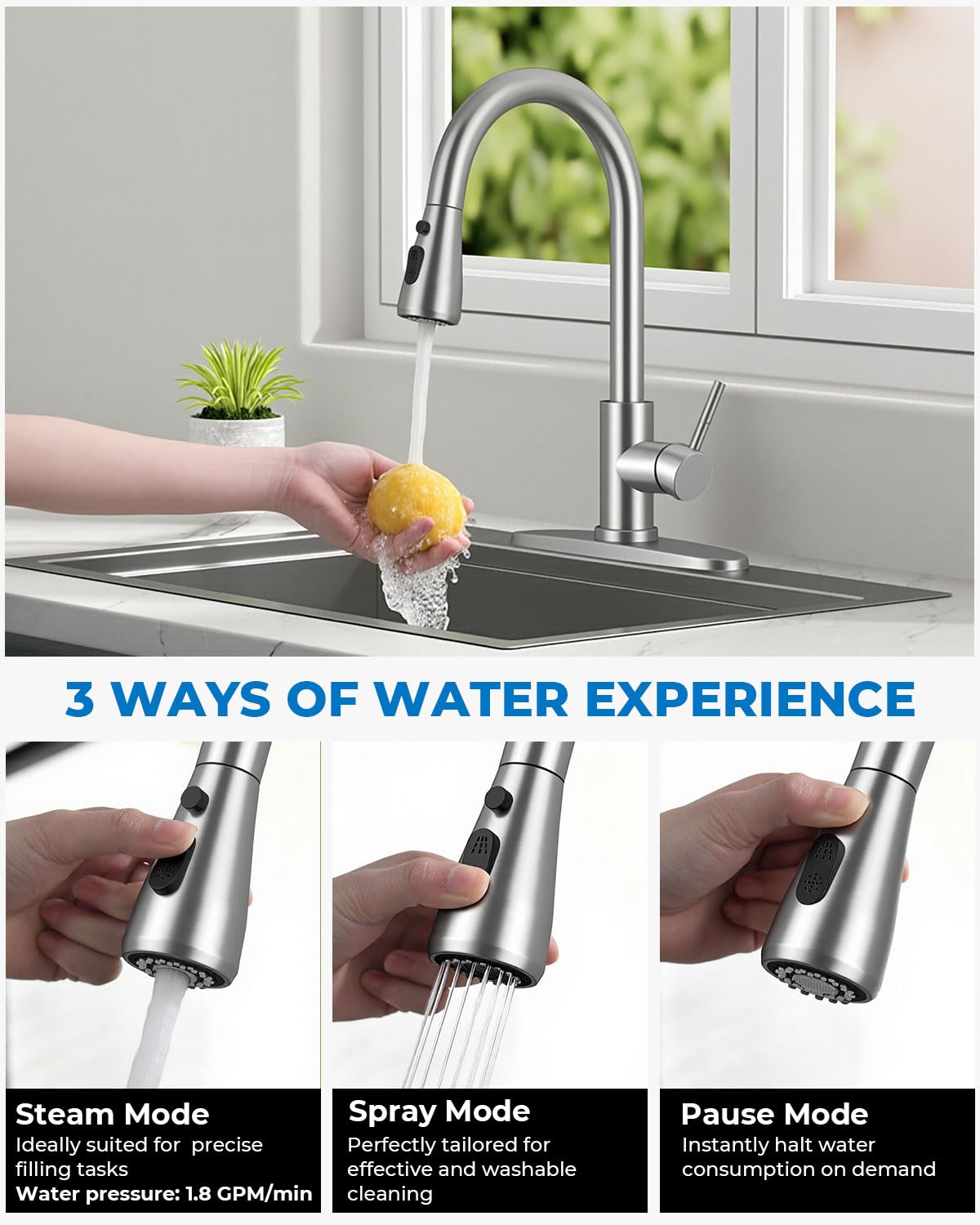 WEWE Pull-Down Kitchen Faucet with Sprayer 3 Modes