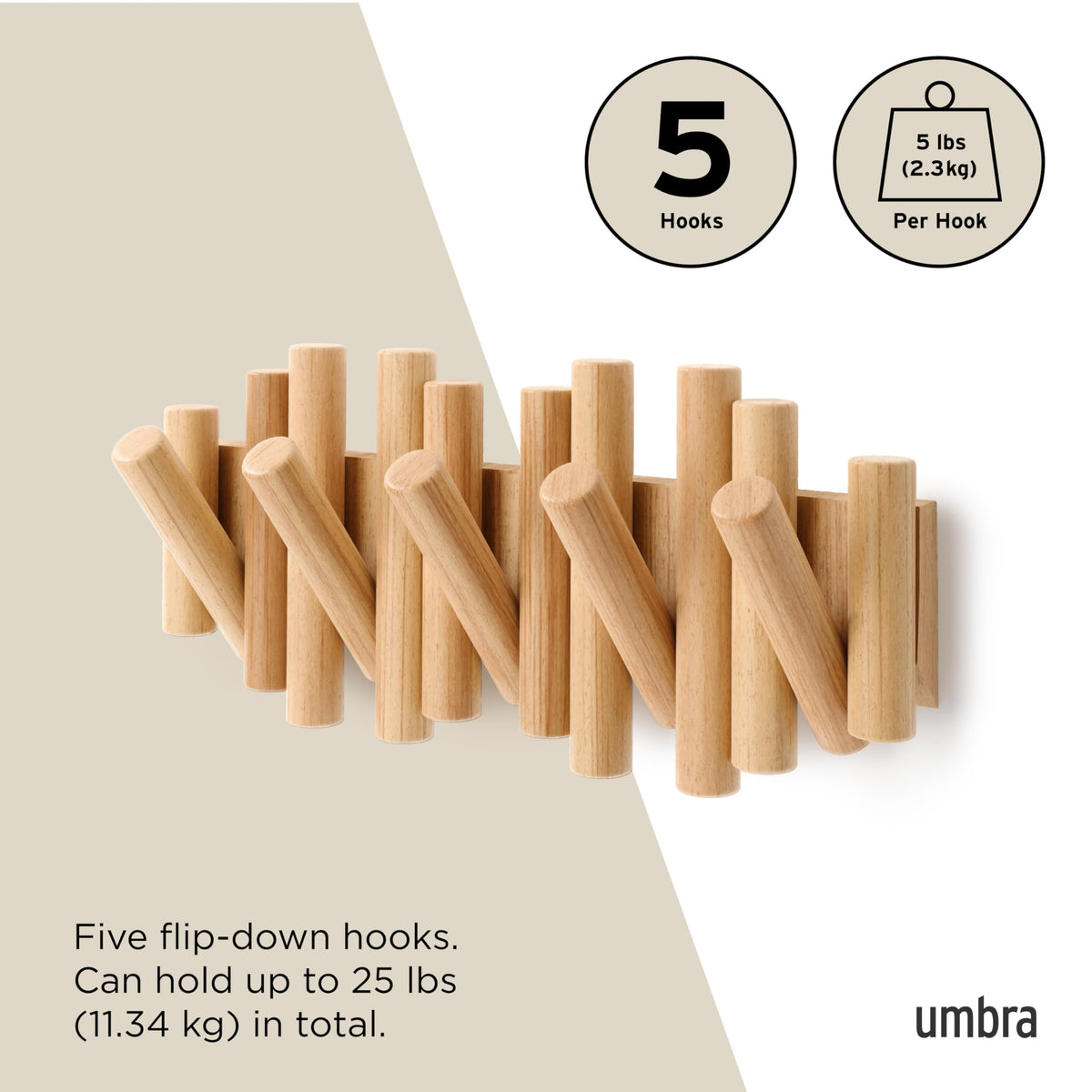 Umbra Picket Coat Rack, 5 Flip-Down Wood Hooks, Natural