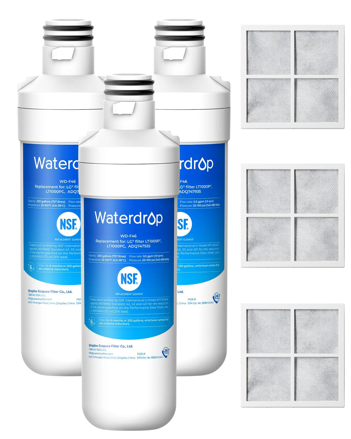 Waterdrop LT1000PC Refrigerator Water and Air Filter, 3 Combo
