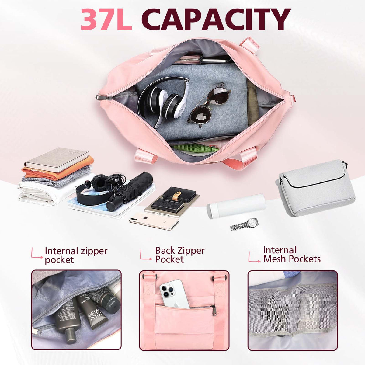 EASYFUN Waterproof Travel Duffle Bag with Trolley Sleeve, Pink