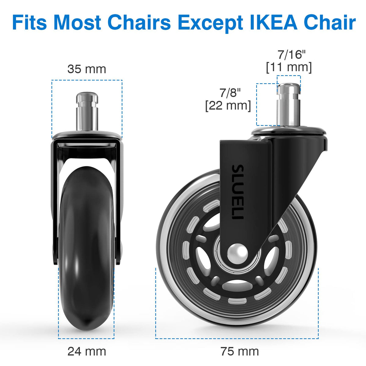 Replacement Office Chair Caster Wheels, 3 Inch, Set of 5