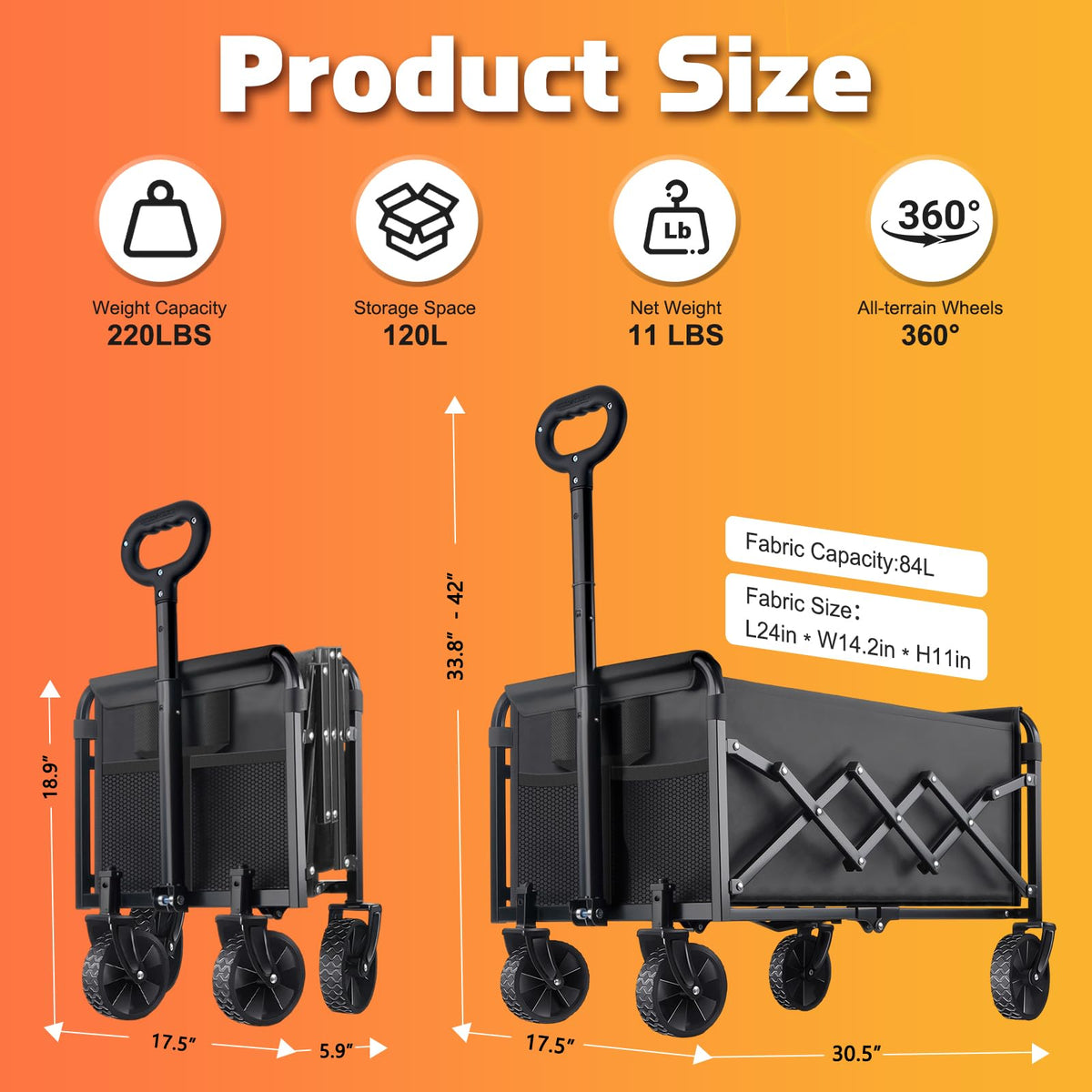 Collapsible Folding Wagon Cart, 220 lb Capacity, Black