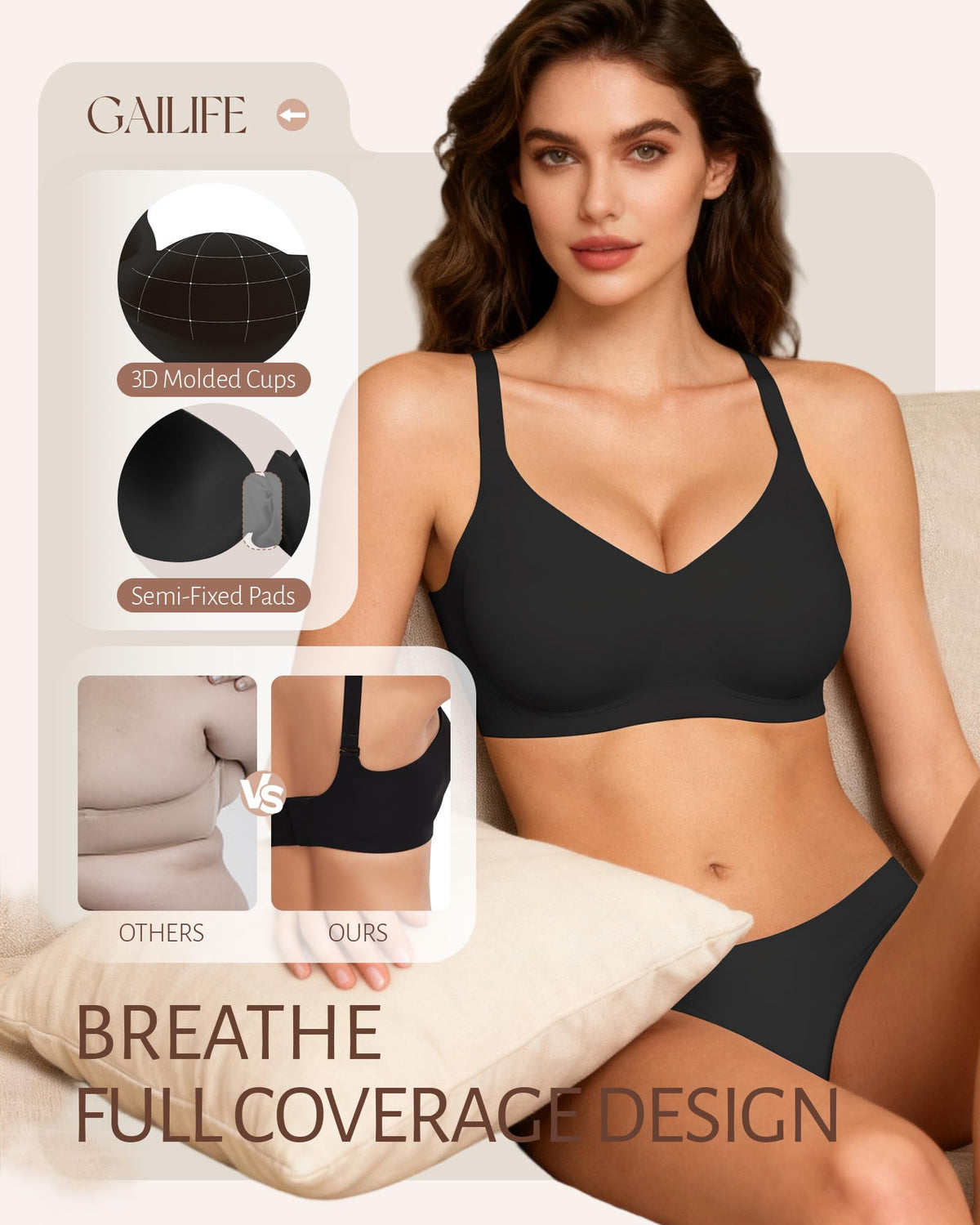 Gailife Seamless Wireless Jelly Bra, Full Coverage, Black, L
