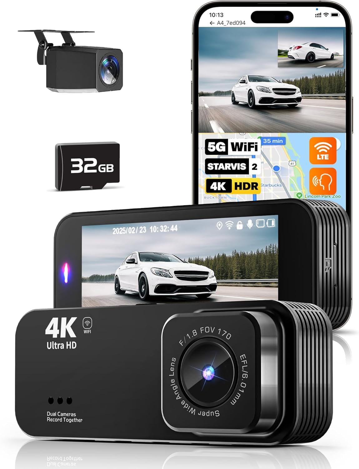 Kyltoor A4 4K Front and Rear Dash Cam with Wi-Fi, 32GB