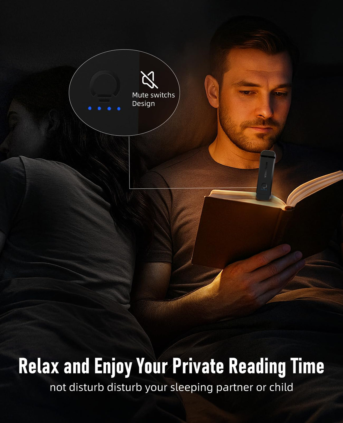 HIONXMGA Rechargeable LED Book Light, 3 Amber Colours, Black