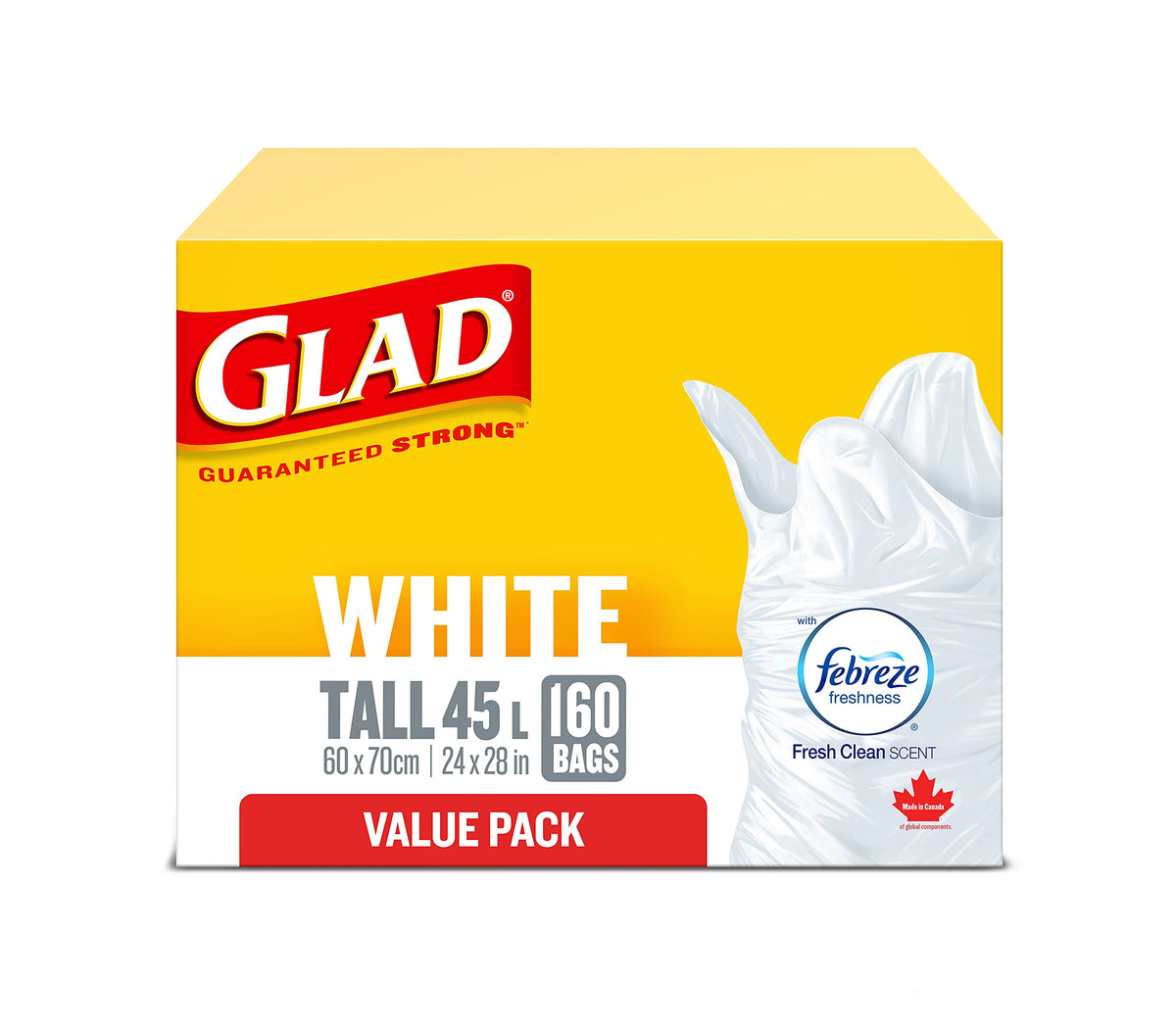 Glad Tall Garbage Bags, Febreze Fresh Clean, 45 L, 160 Count