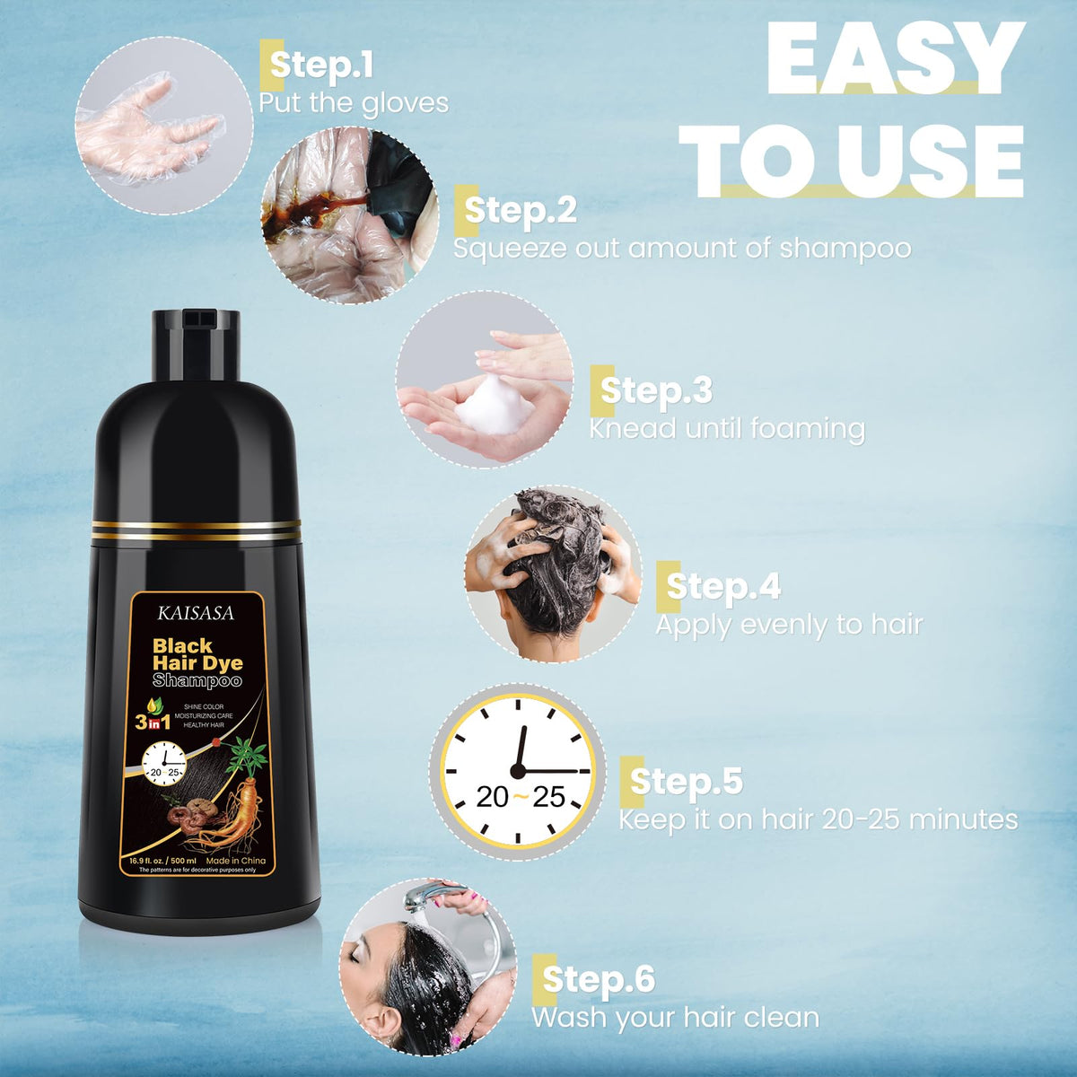 Black Hair Dye Shampoo 3-in-1, Semi Permanent, 500ML