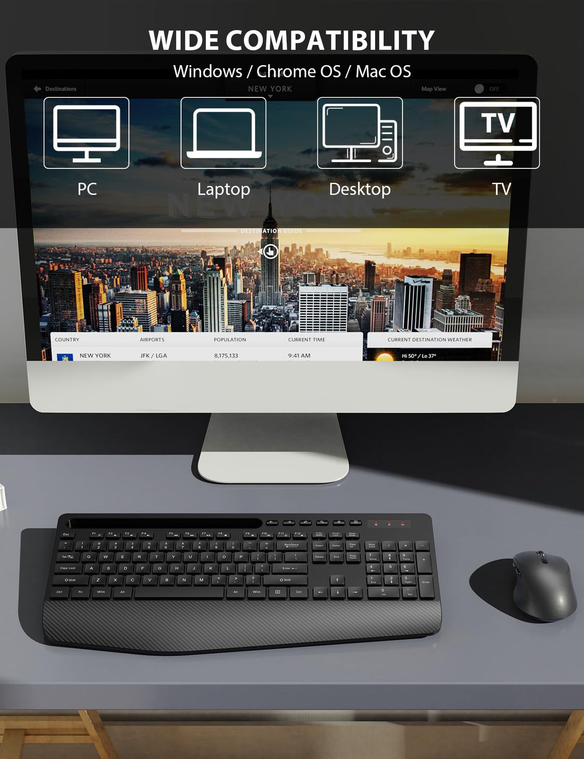 Wireless Keyboard and Mouse Combo with Wrist Rest, Black