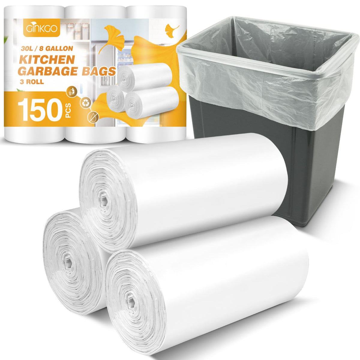 Kitchen Garbage Bags, 30 Litres (8 Gallon), White, 150 Count