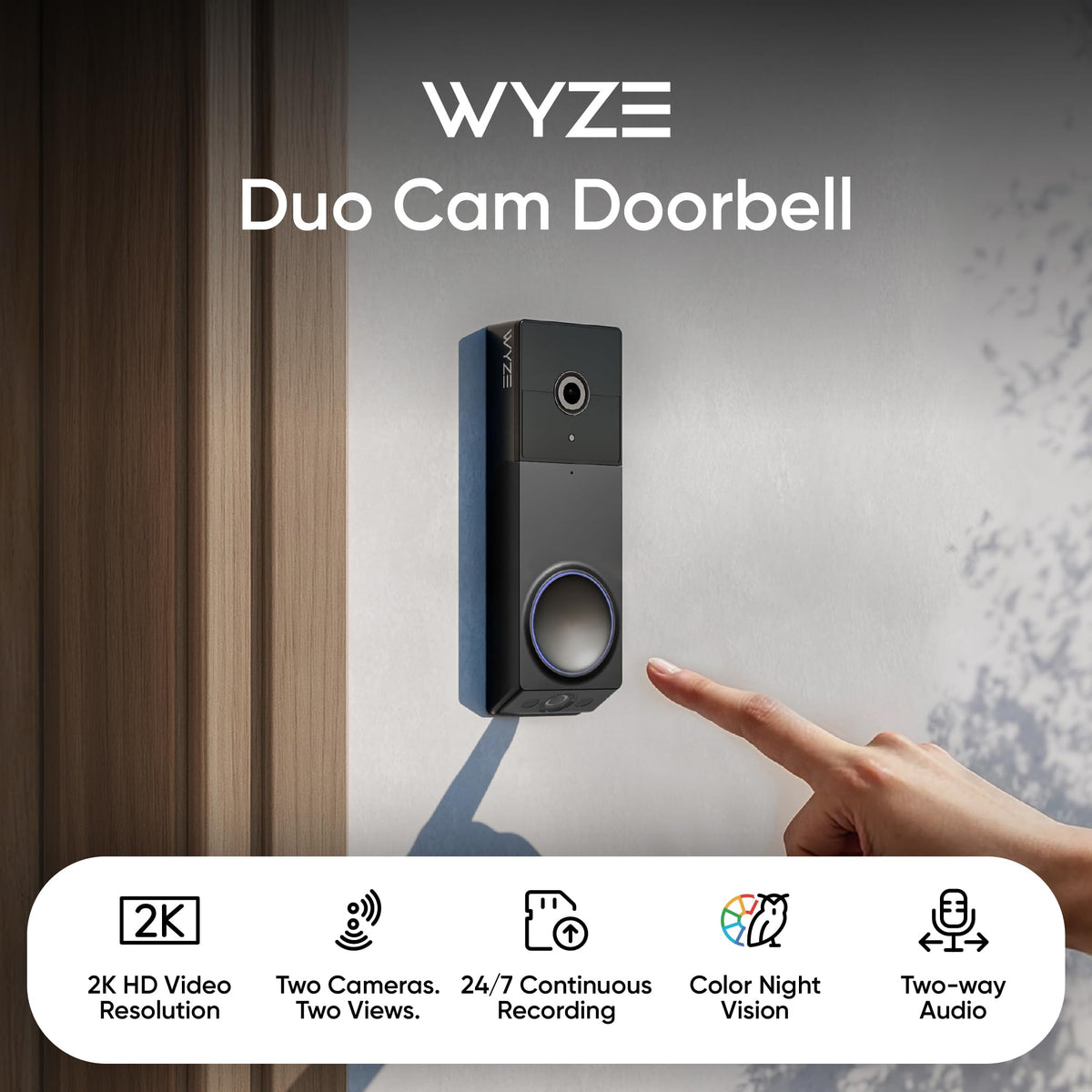 Wyze Duo Cam Doorbell, Battery Powered, 2K, Black