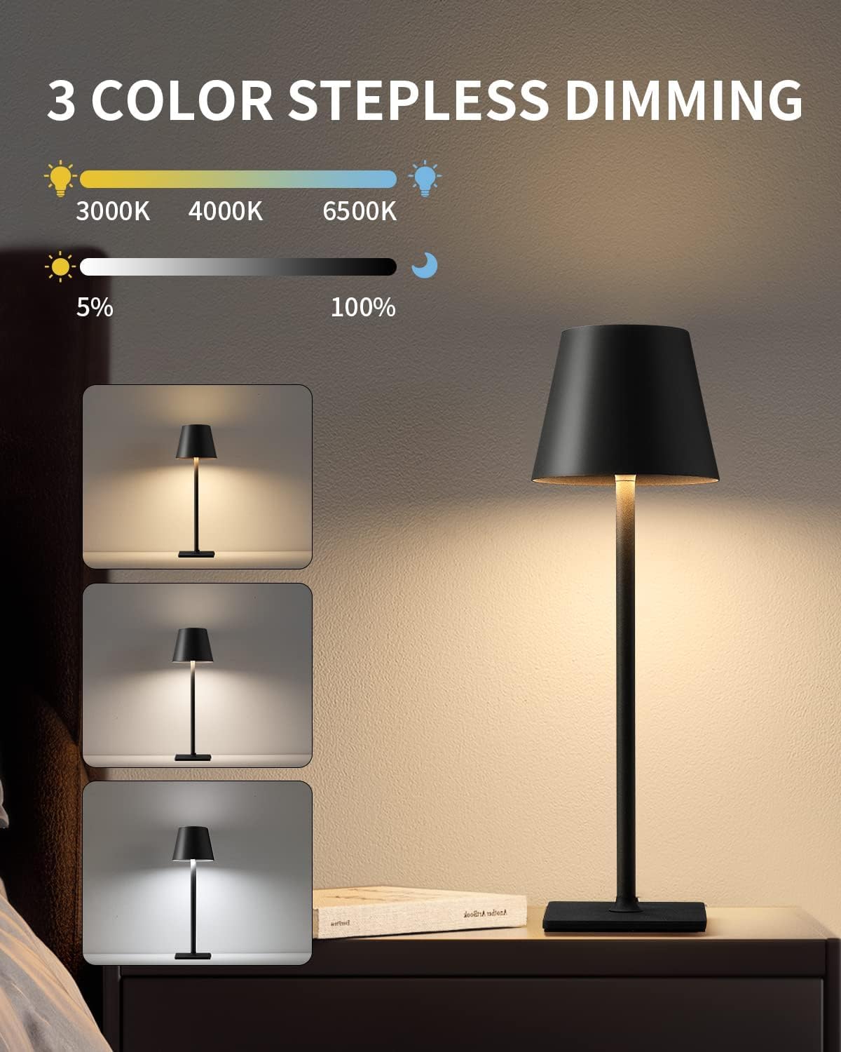 Ophouliy Cordless Rechargeable LED Table Lamps, Black (2 Pack)