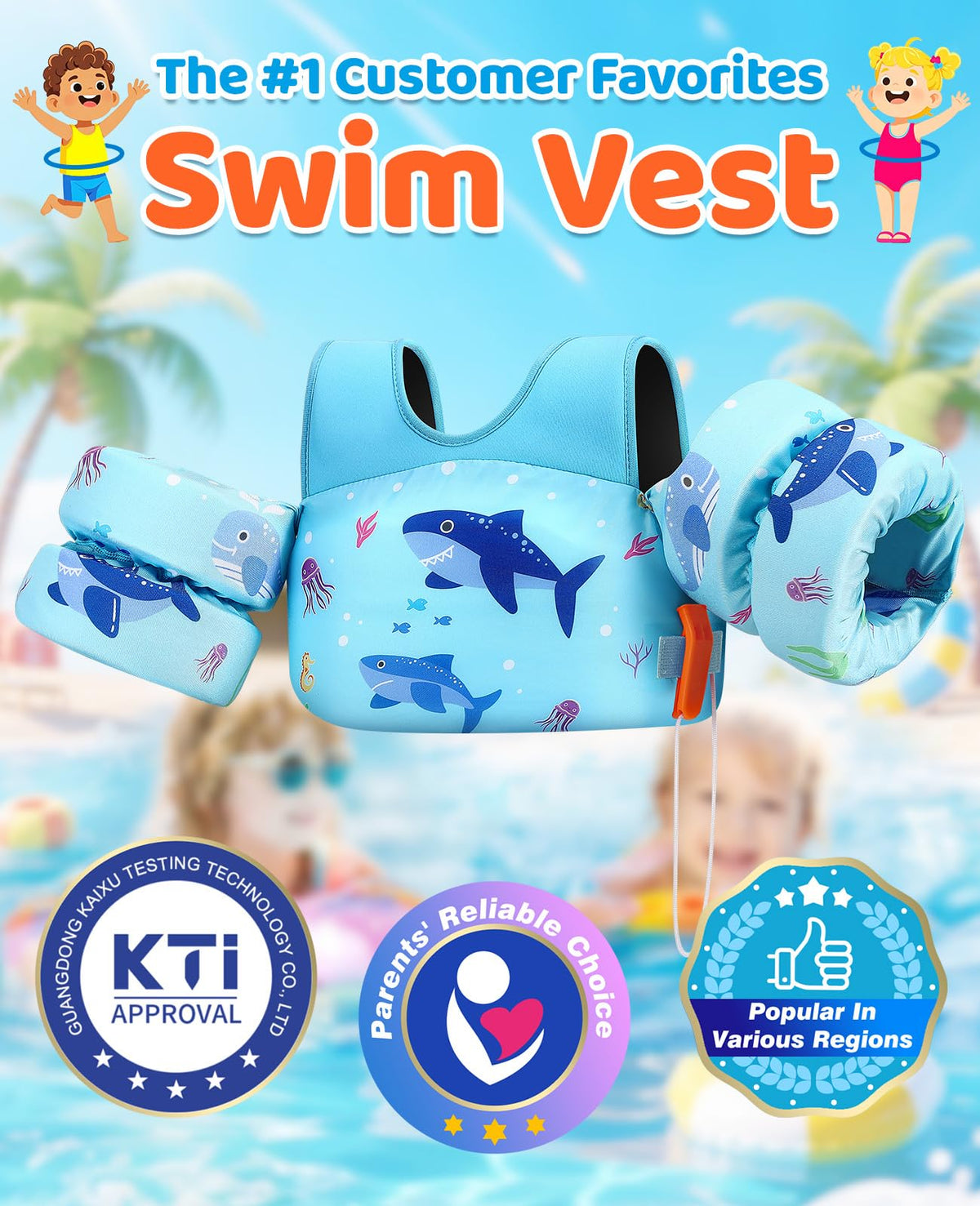 HeySplash Kids' Swim Vest, 33-66 lb, Blue Shark
