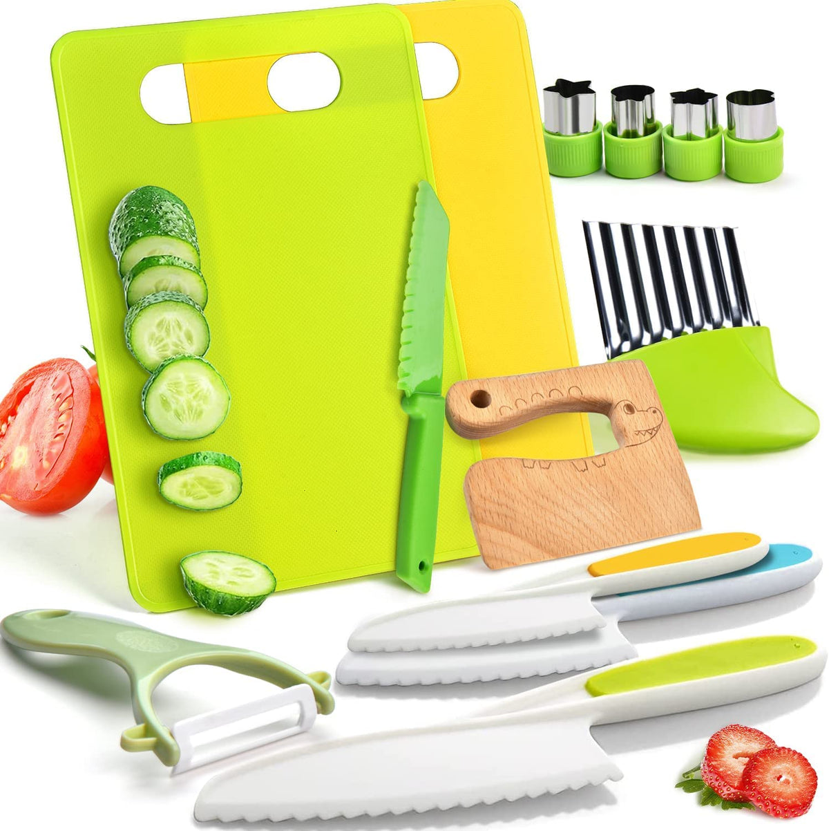 Montessori Kids' Kitchen Tools Set with Safe Knives, 13 Pieces