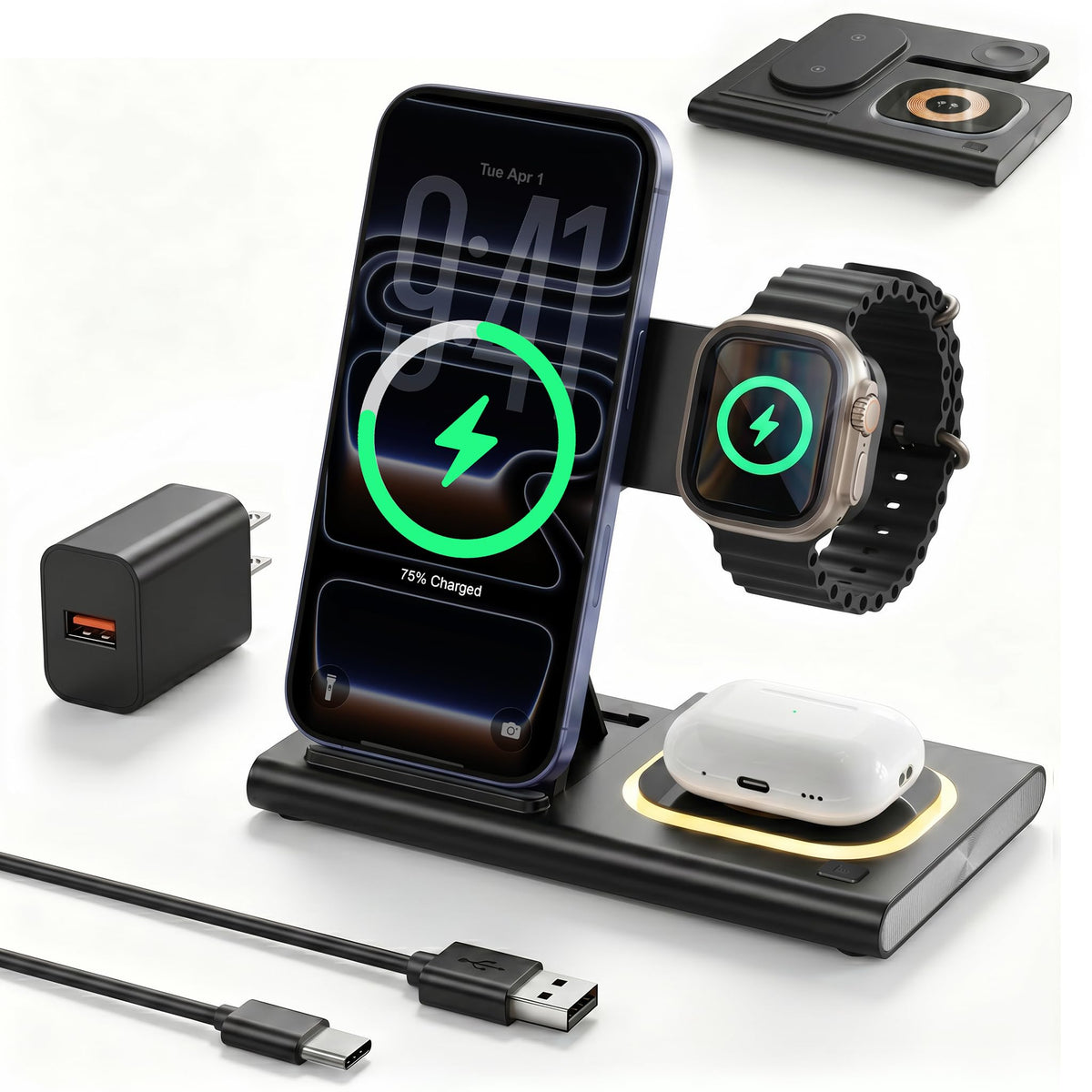 3 in 1 Foldable Wireless Fast Charging Station for Apple Devices