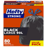 Hefty Garbage Bags, Large, 90 L, Black, Drawstring, 80 Count