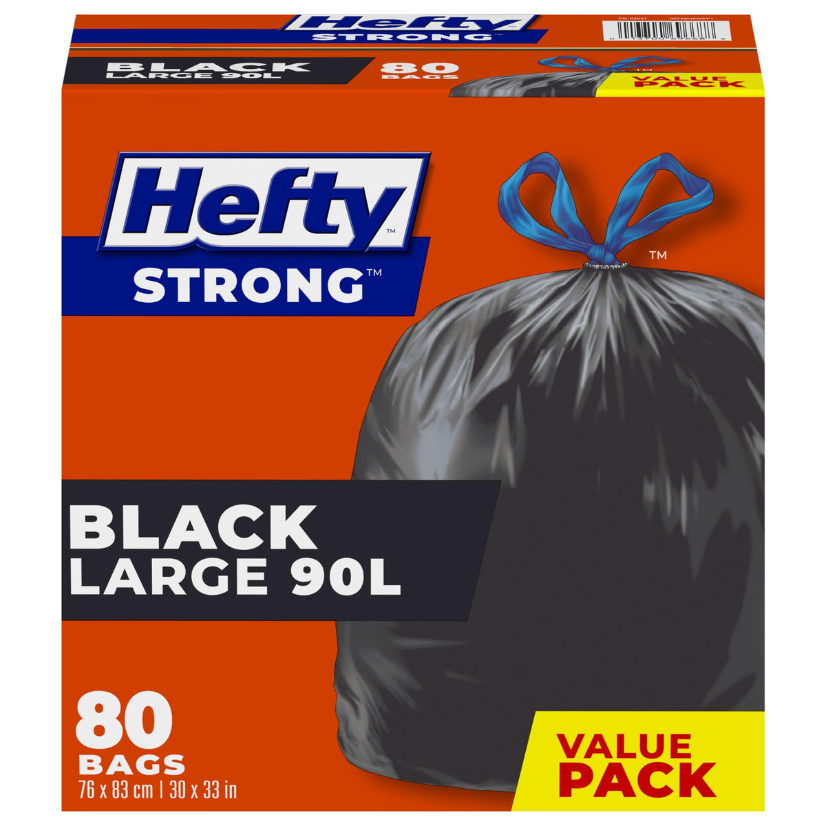 Hefty Garbage Bags, Large, 90 L, Black, Drawstring, 80 Count