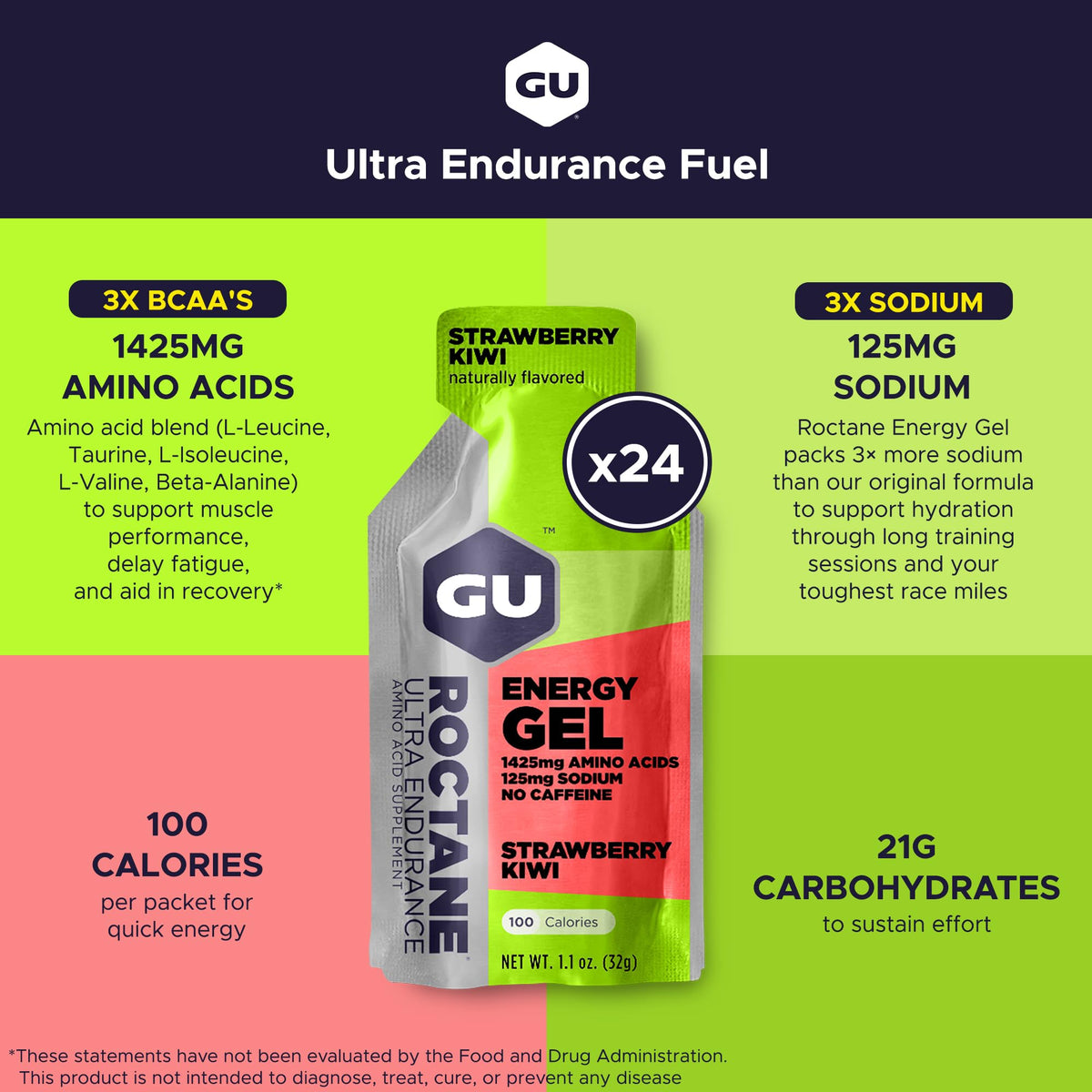 GU Roctane Ultra Endurance Energy Gel, Strawberry Kiwi, 24 Count