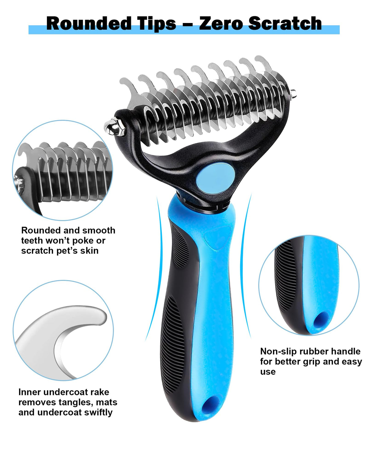 Double-Sided Deshedding Undercoat Rake for Dogs & Cats, Blue