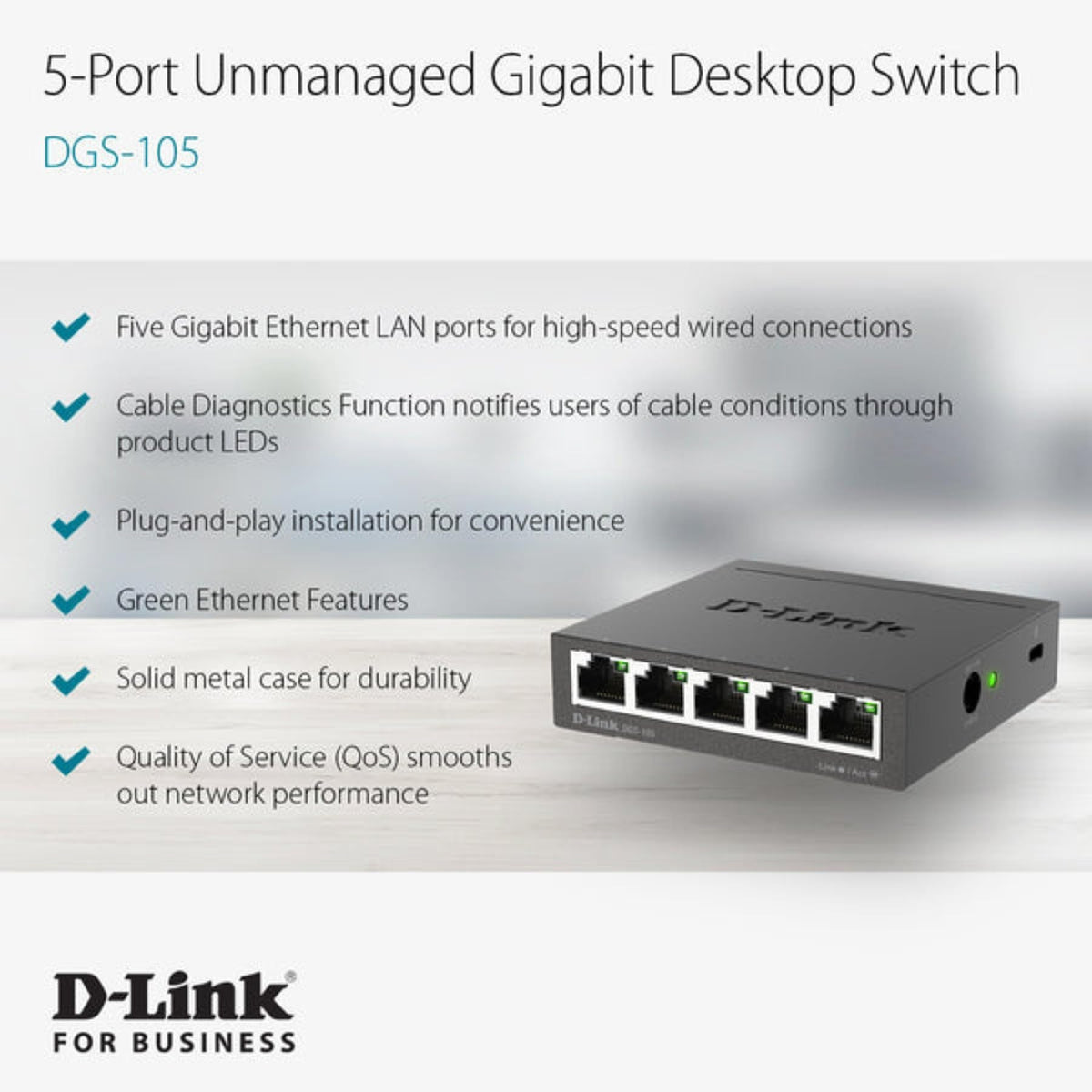 D-Link DGS-105 5 Port Gigabit Ethernet Switch, Unmanaged