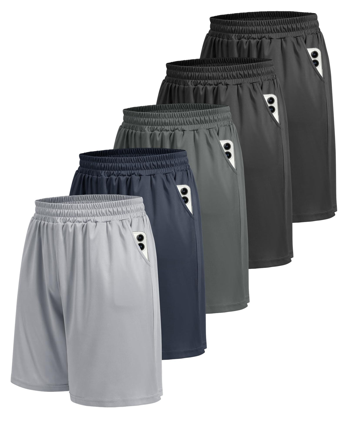 BOOJO Men's Quick-Dry Athletic Shorts with Pockets, 5-Pack