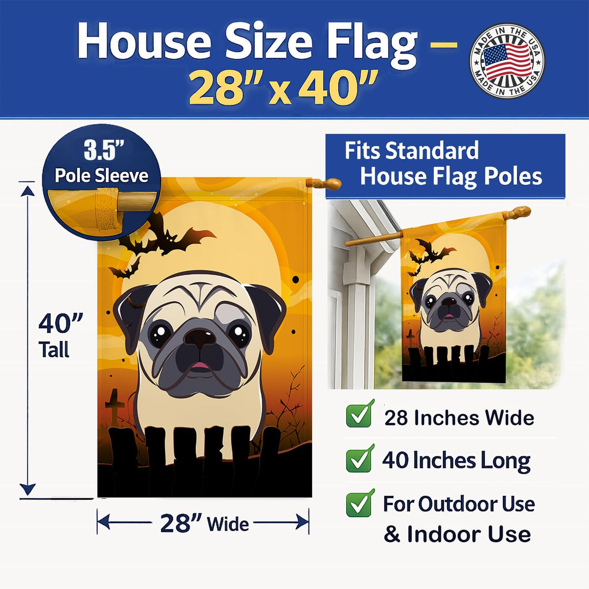 Caroline's Treasures Halloween Fawn Pug House Flag, Large