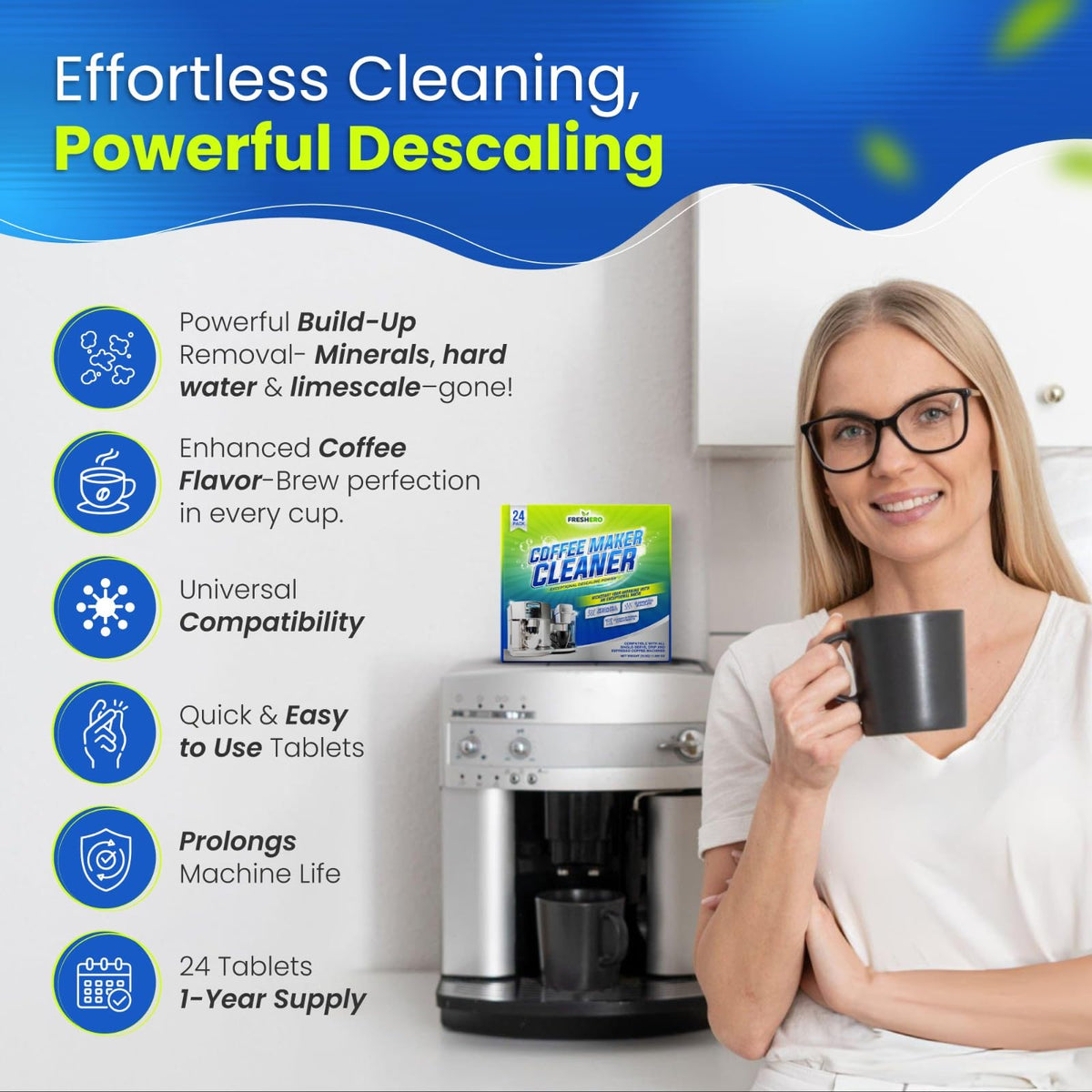 Freshero Coffee Machine Cleaner and Descaler Tablets, 24 Count