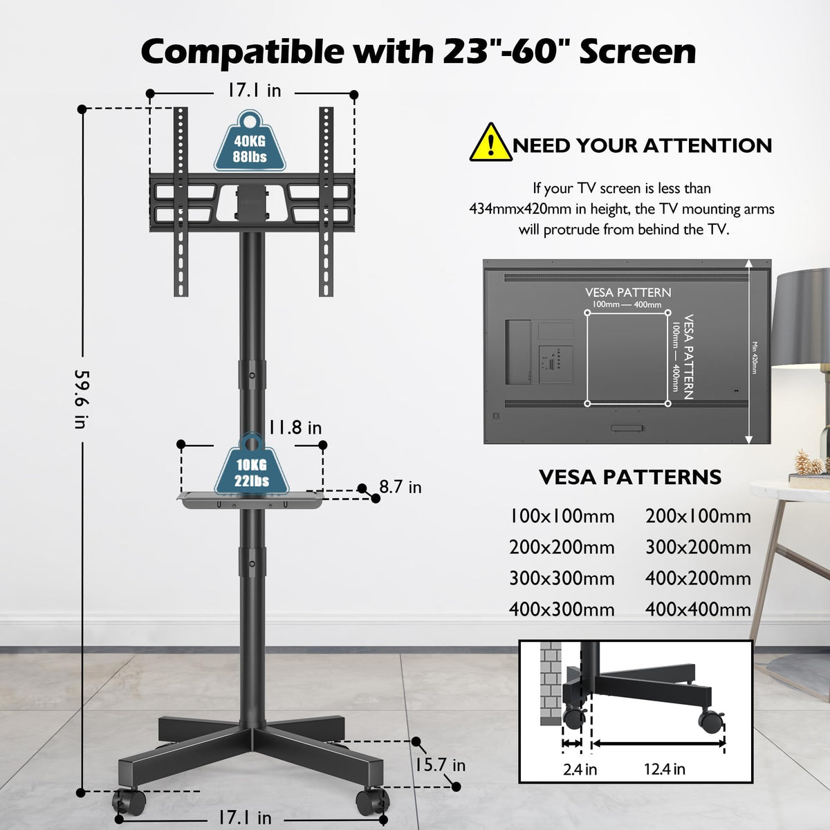 BONTEC Rolling TV Stand with Tilt for 23-60 Inch TVs, Black