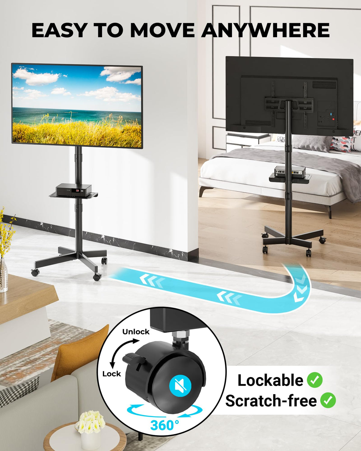 BONTEC Rolling TV Stand with Tilt for 23-60 Inch TVs, Black
