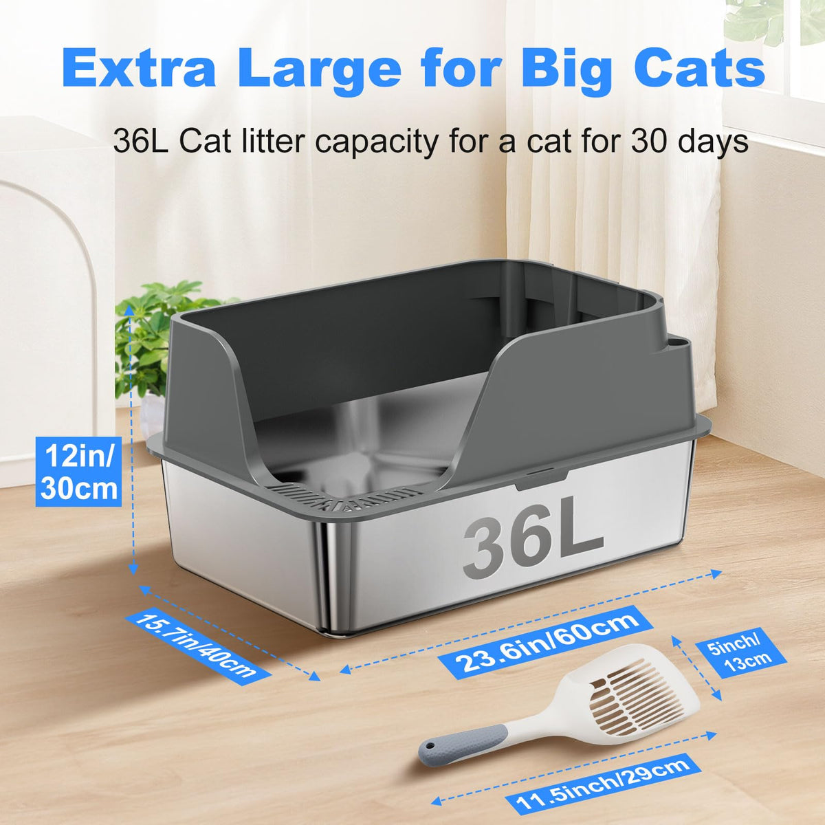 Stainless Steel XL Cat Litter Box with Lid, Grey
