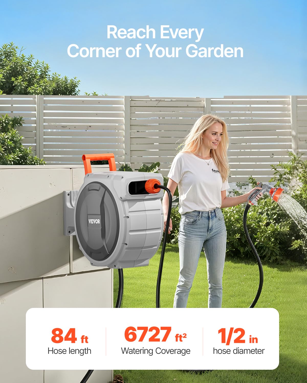 VEVOR Retractable Wall Mounted Garden Hose Reel, 1/2 Inch x 84 ft