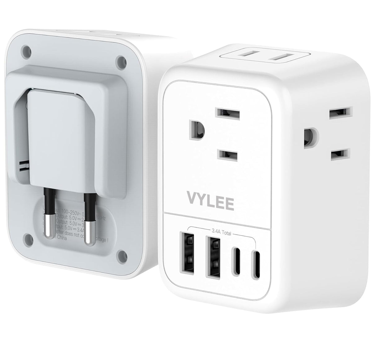 VYLEE Travel Plug Adapter, 4 AC Outlets, 4 USB Ports (2 USB C), 1 Pack