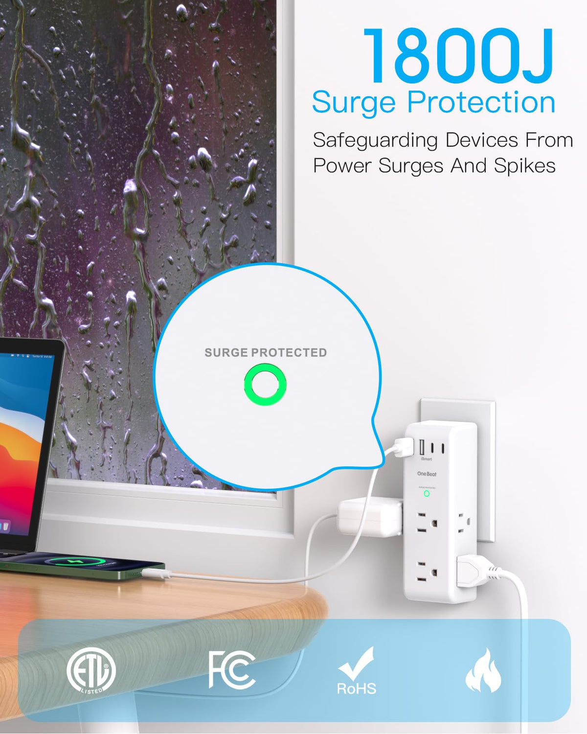 One Beat Surge Protector Outlet Extender, 6 Outlets, 4 USB