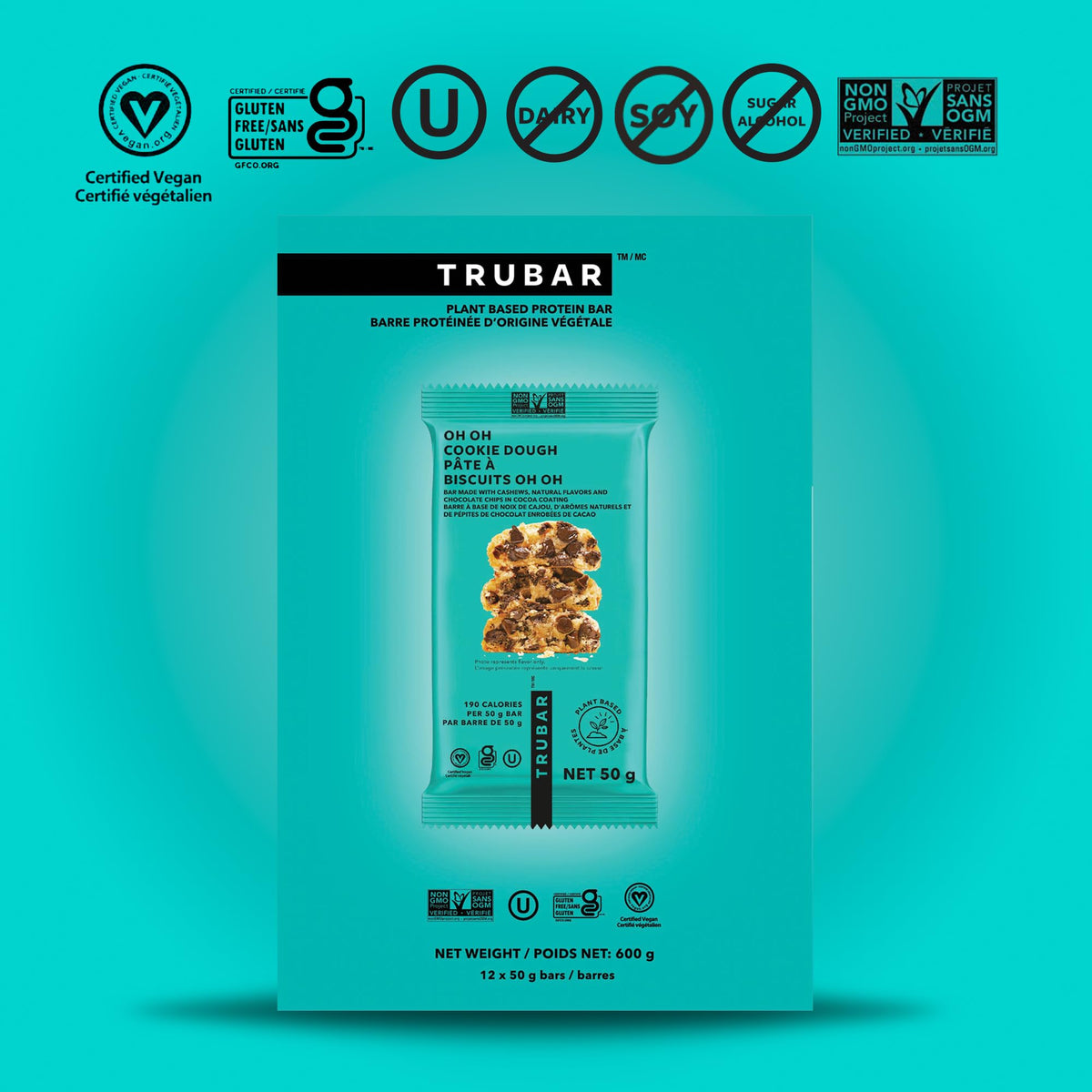 TRUBAR Vegan Protein Bars, Oh Oh Cookie Dough, 12 Count