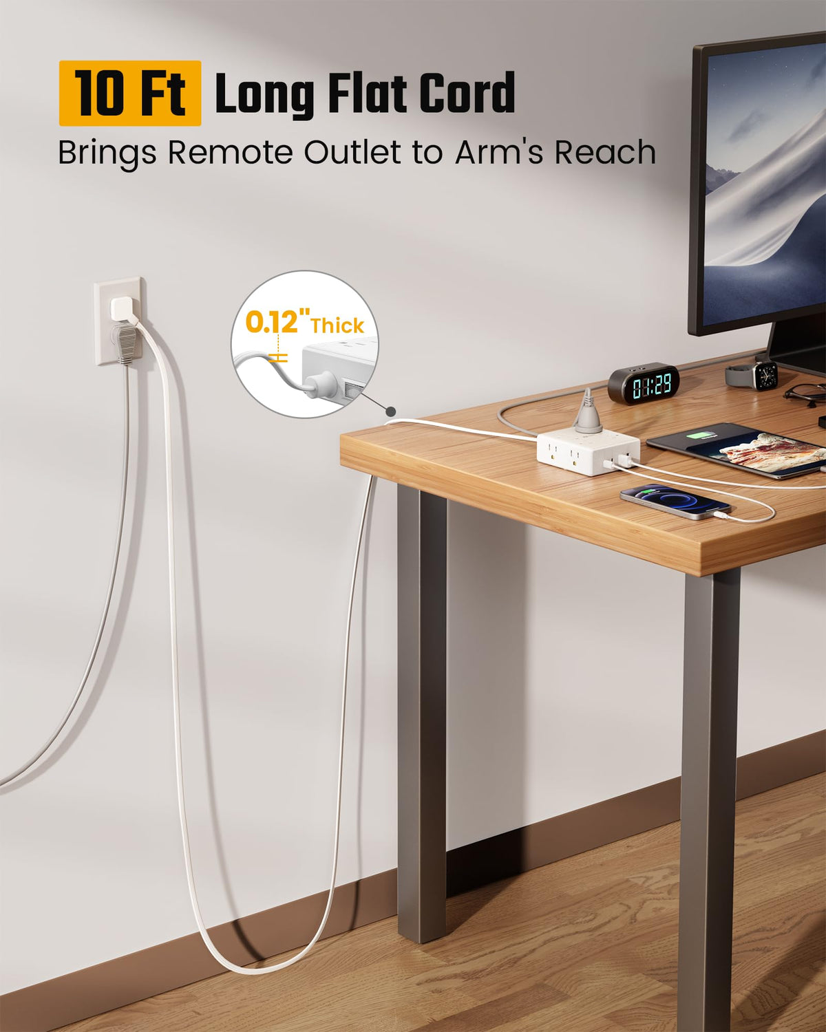 SUPERDANNY Flat Plug Surge Protector, 8 Outlets, 4 USB, 10 ft, White