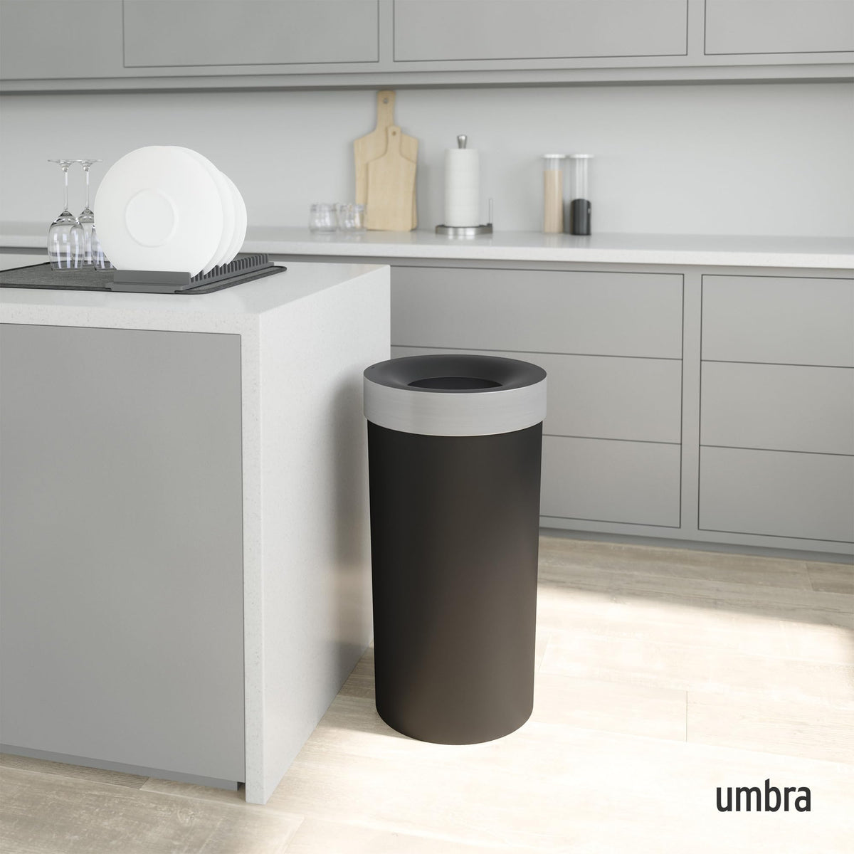 Umbra Vento Open Top Kitchen Trash Can, Black/Nickel, 62 L