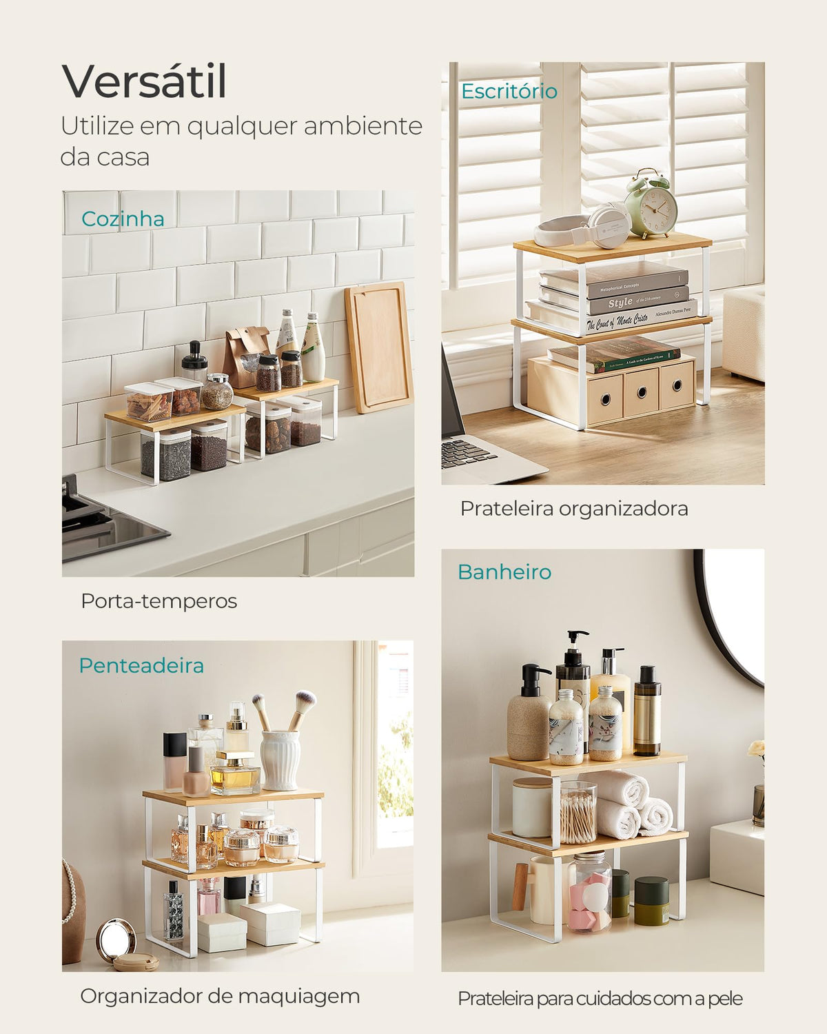SONGMICS Stackable Cabinet Organizer Shelves, White & Beige (Set of 2)