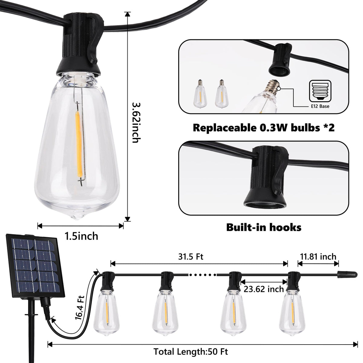 Lomotech Solar String Lights Outdoor, 50 ft, 17+2 LED Bulbs