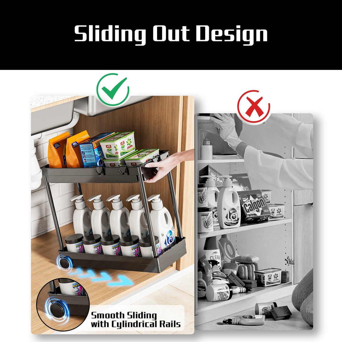 Cicilyna 2-Tier Under Sink Organizer with Hook, Black, 2 Pack