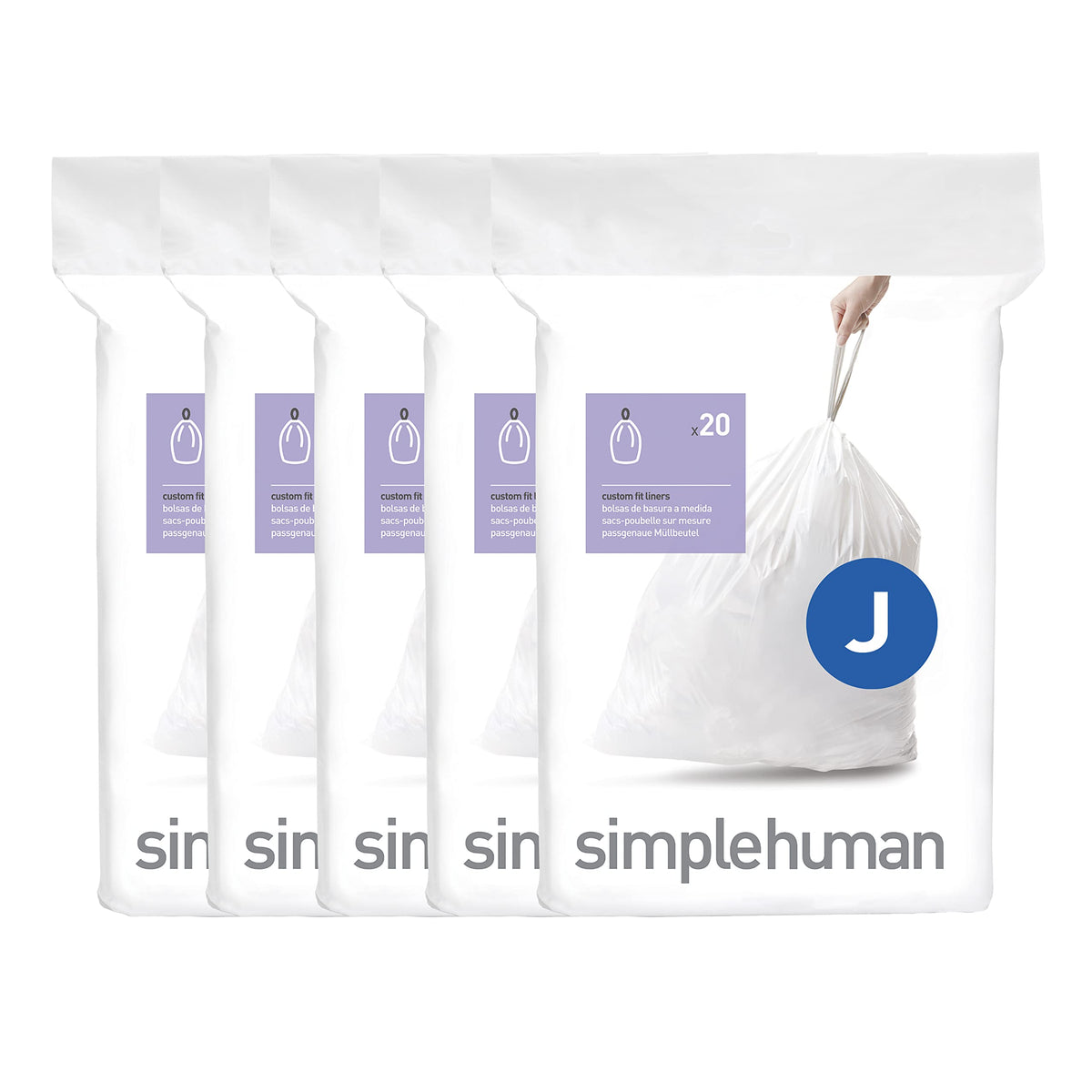 simplehuman Code J Custom Fit Trash Liners, 30-45L, 100 Count, White
