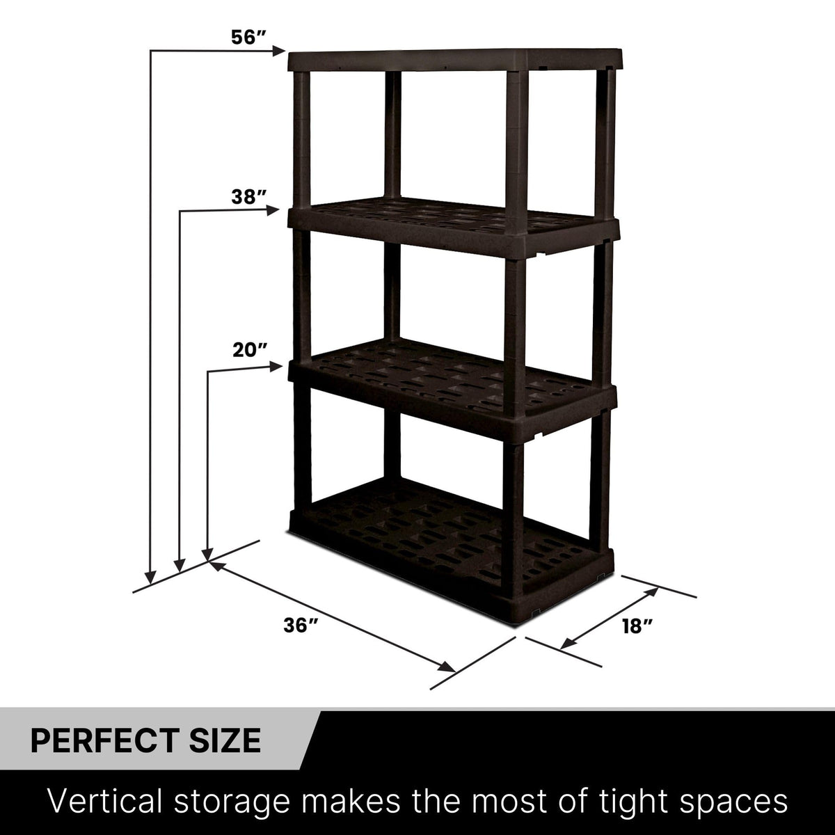 Koolatron Oscar Heavy Duty Plastic Storage Shelves, 4-Tier, Black
