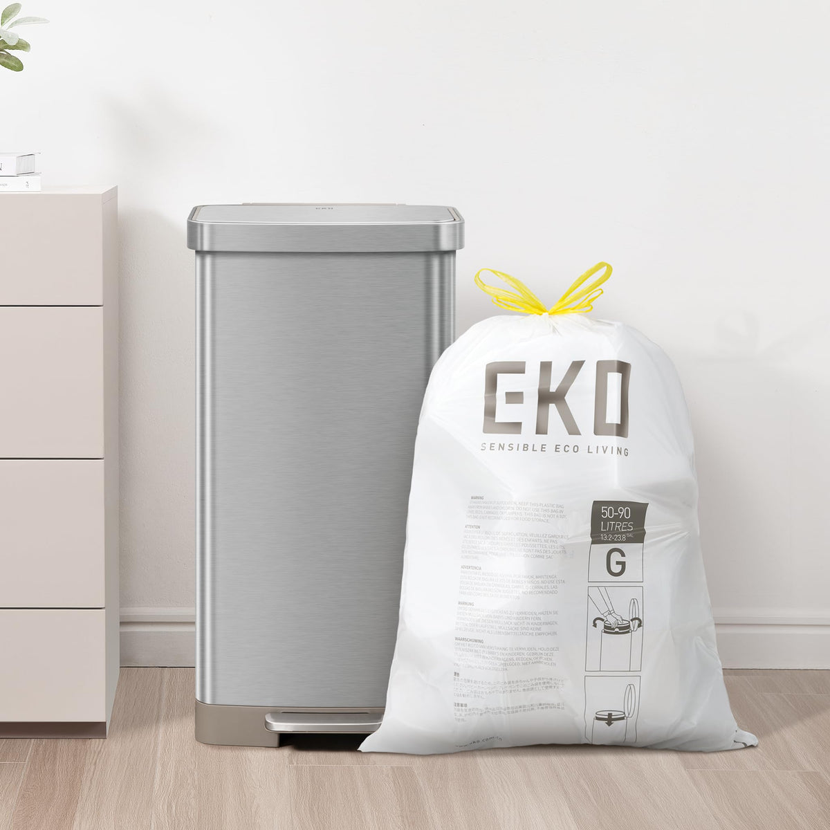 EKO Easy-Dispense Drawstring Trash Bags, 21 Gallon (79.5L), 60 Count