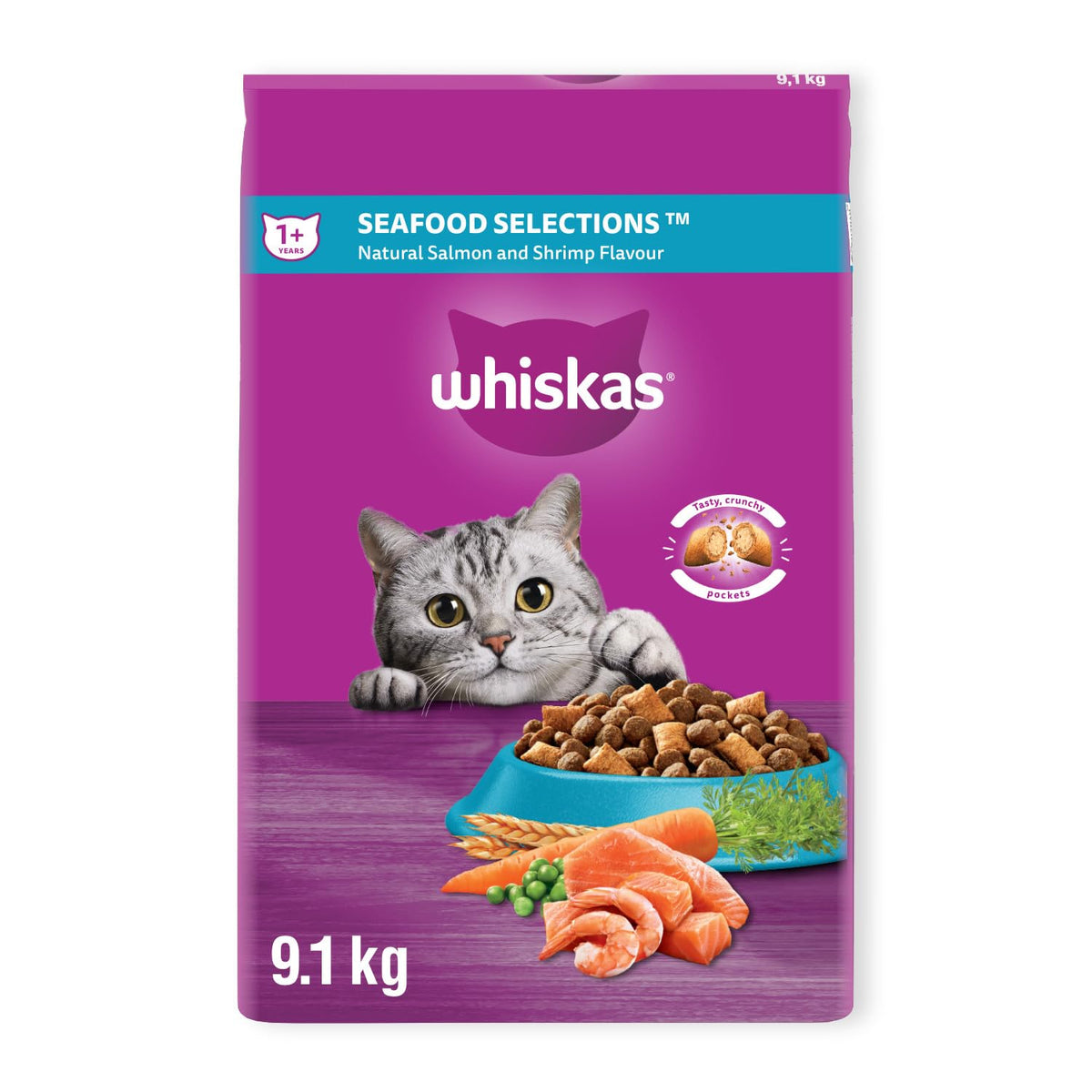 Whiskas Seafood Selections Dry Cat Food, Salmon and Shrimp, 9.1 kg