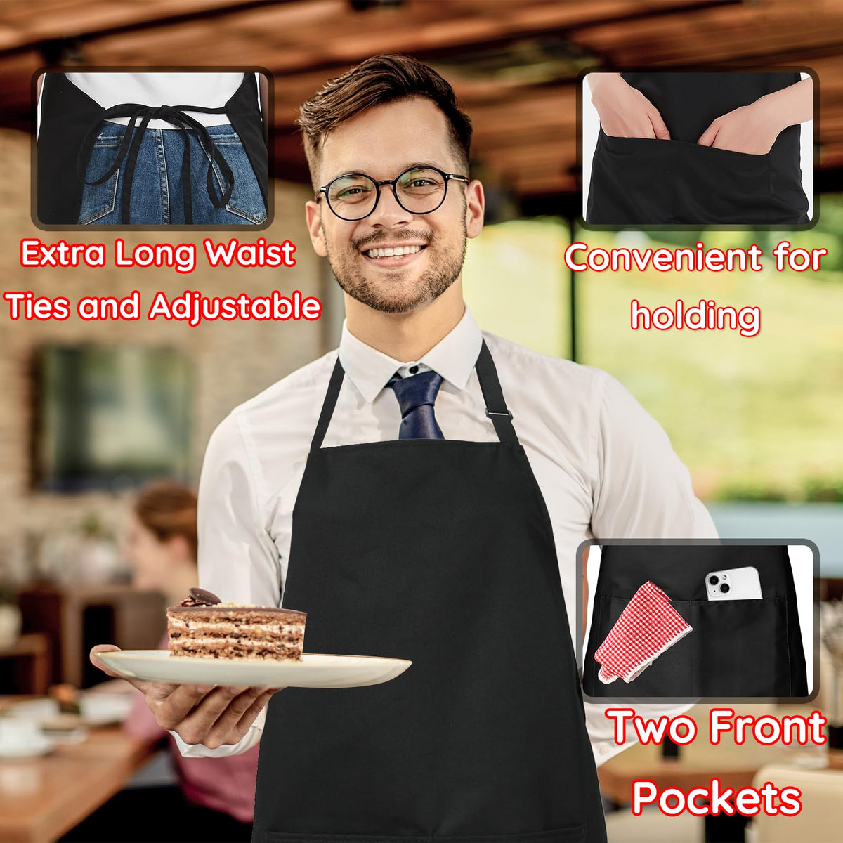 Waterproof Chef Apron with 2 Pockets, Black, 4 Pack